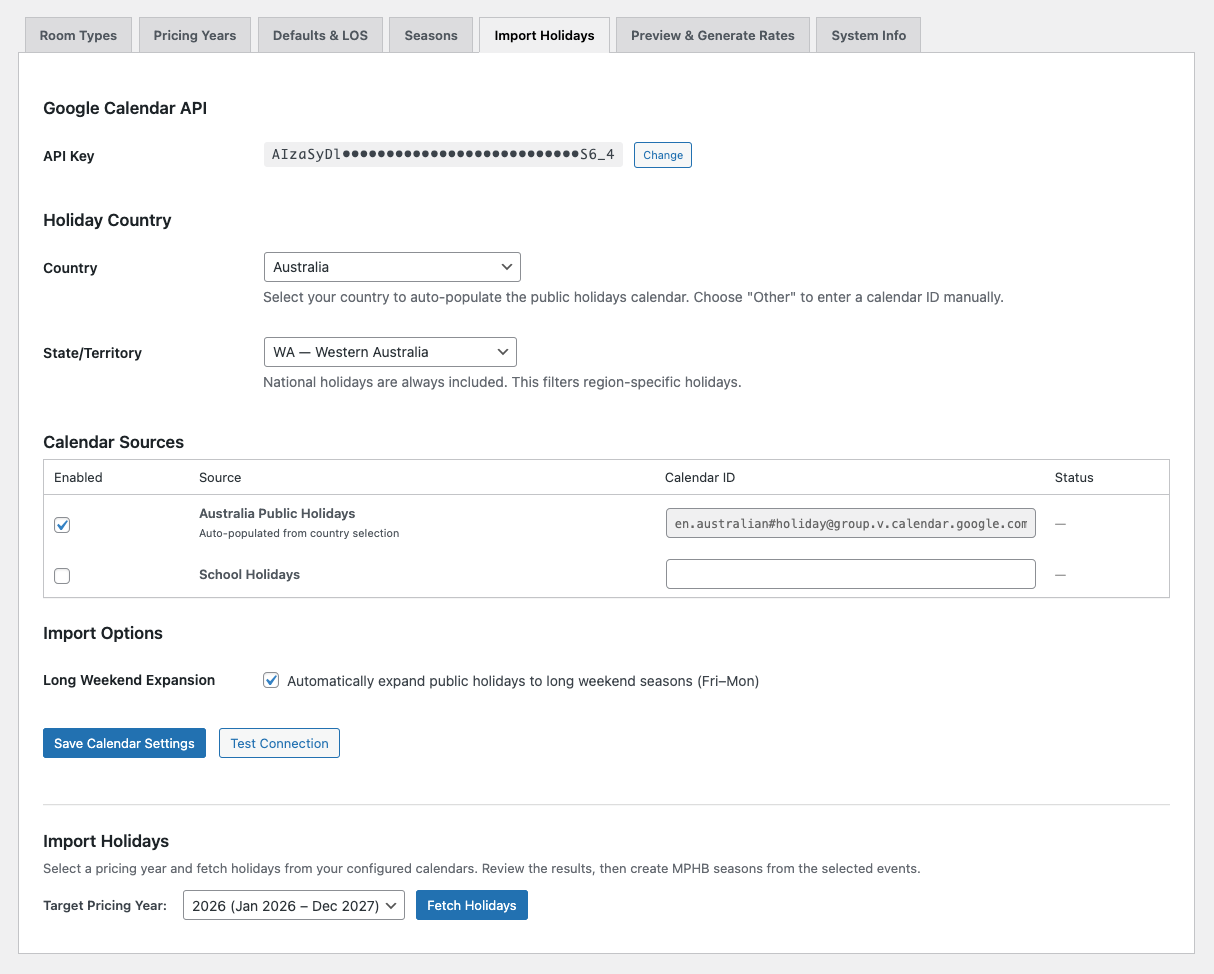 Import Holidays tab with Google Calendar integration
