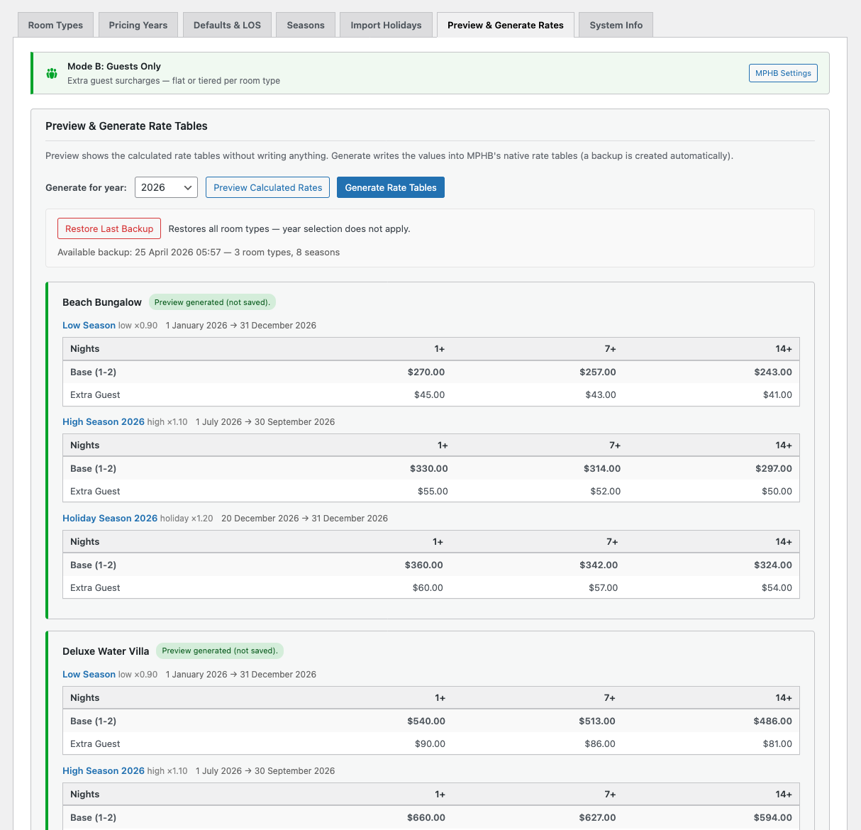 Preview and Generate tab showing calculated rate tables