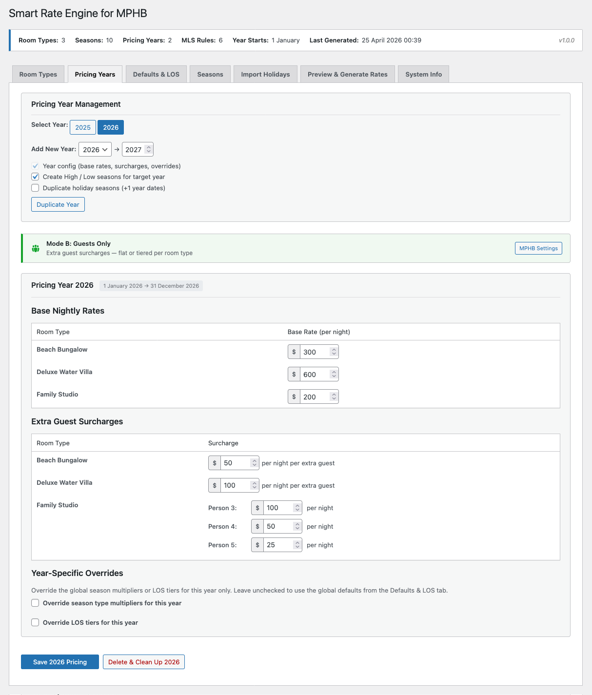Pricing Years tab showing base nightly rates and surcharges