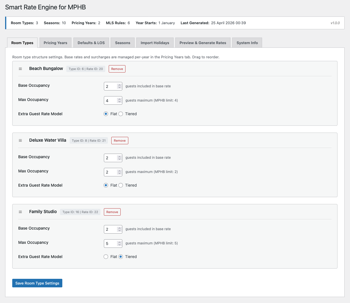 Room Types tab showing accommodation types with occupancy settings